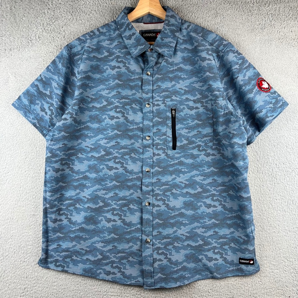 Canada Weathergear Mens Blue Camo Digital Print Short Sleeve Button Up Shirt‎ L